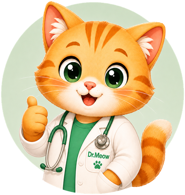 Dr. Meow, a friendly orange tabby in a vet coat