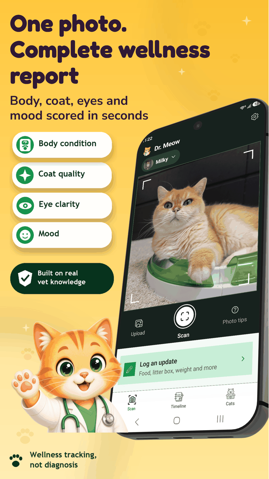 Dr. Meow scan screen with a live camera view of a cat and analysis pills for body condition, coat quality, eye clarity, and mood