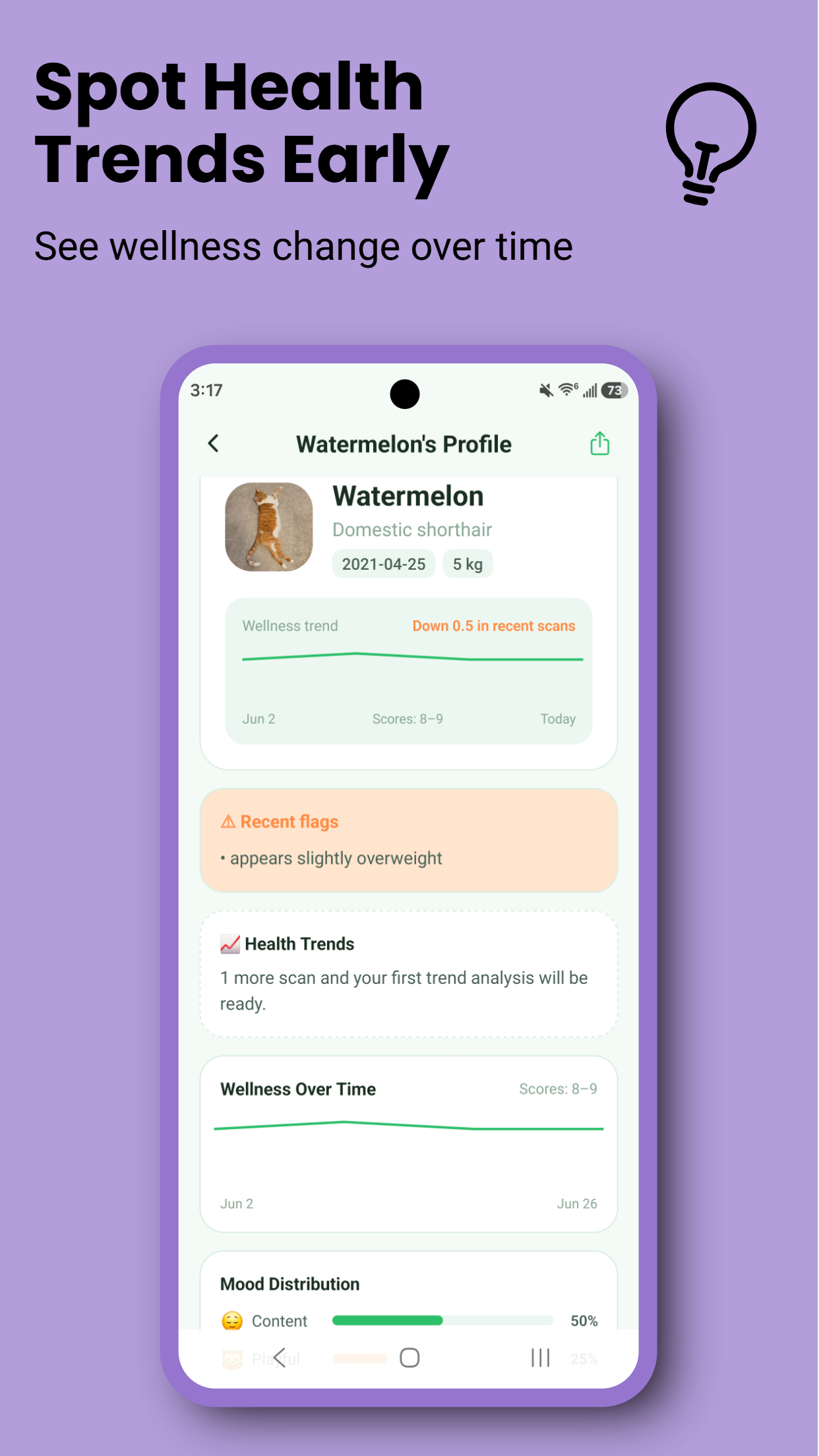 Dr. Meow cat health profile showing wellness trend graph, scores over time, health flags, and mood distribution