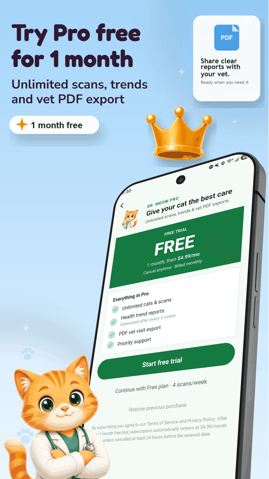 Dr. Meow Pro paywall with a one-month free trial, unlimited scans, health trend reports, and PDF vet visit export
