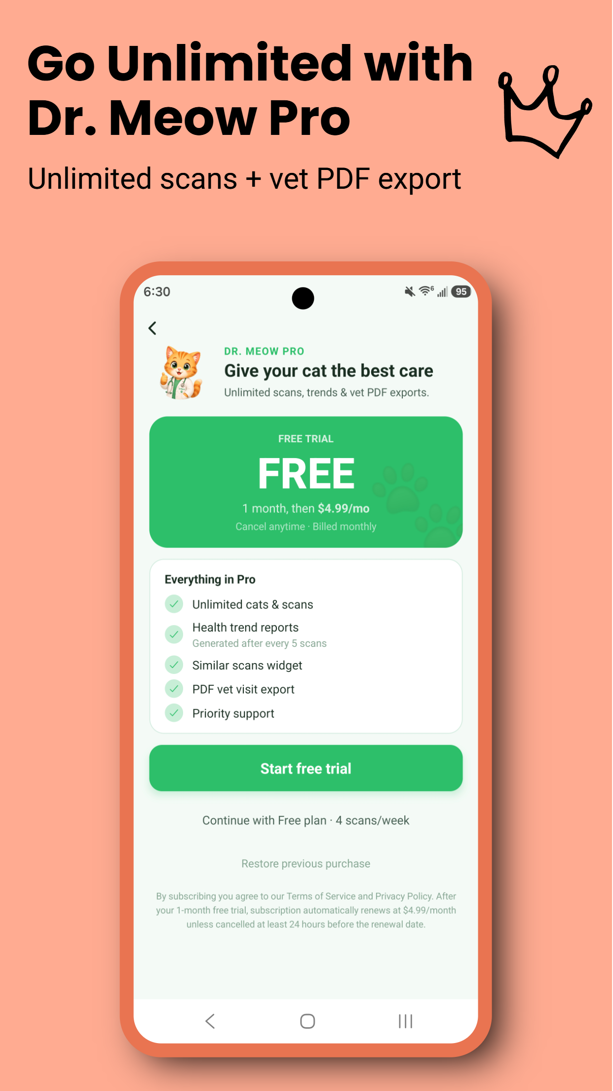 Dr. Meow Pro paywall with one-month free trial, unlimited scans, health trend reports, and PDF vet visit export